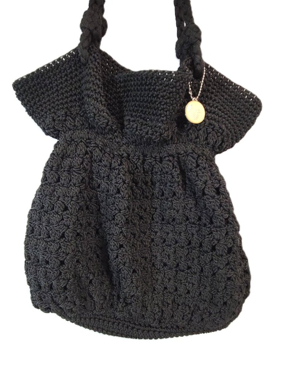 Lina Black Crochet Shoulder Bag Woven Boho Handbag Braided Straps Logo Charm